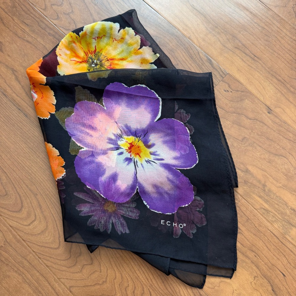 Vintage Floral Square Scarf Black Sheer Purple Yellow Orange Daisy Silk Echo